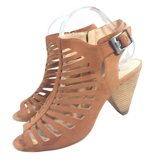 VINCE CAMUTO! FAWN BEIGE/TAN VEGAN SUEDE LEATHER LADDER FRONT HEELS! SZ 10M - Picture 1 of 11